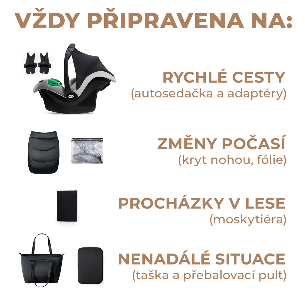 KINDERKRAFT SELECT Kočárek kombinovaný 3v1 Prime 2 Venezian Black, Premium