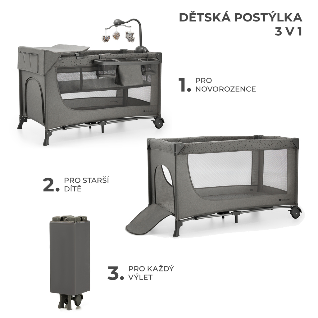 KINDERKRAFT Postýlka cestovní Joy 2 s doplňky Dark grey