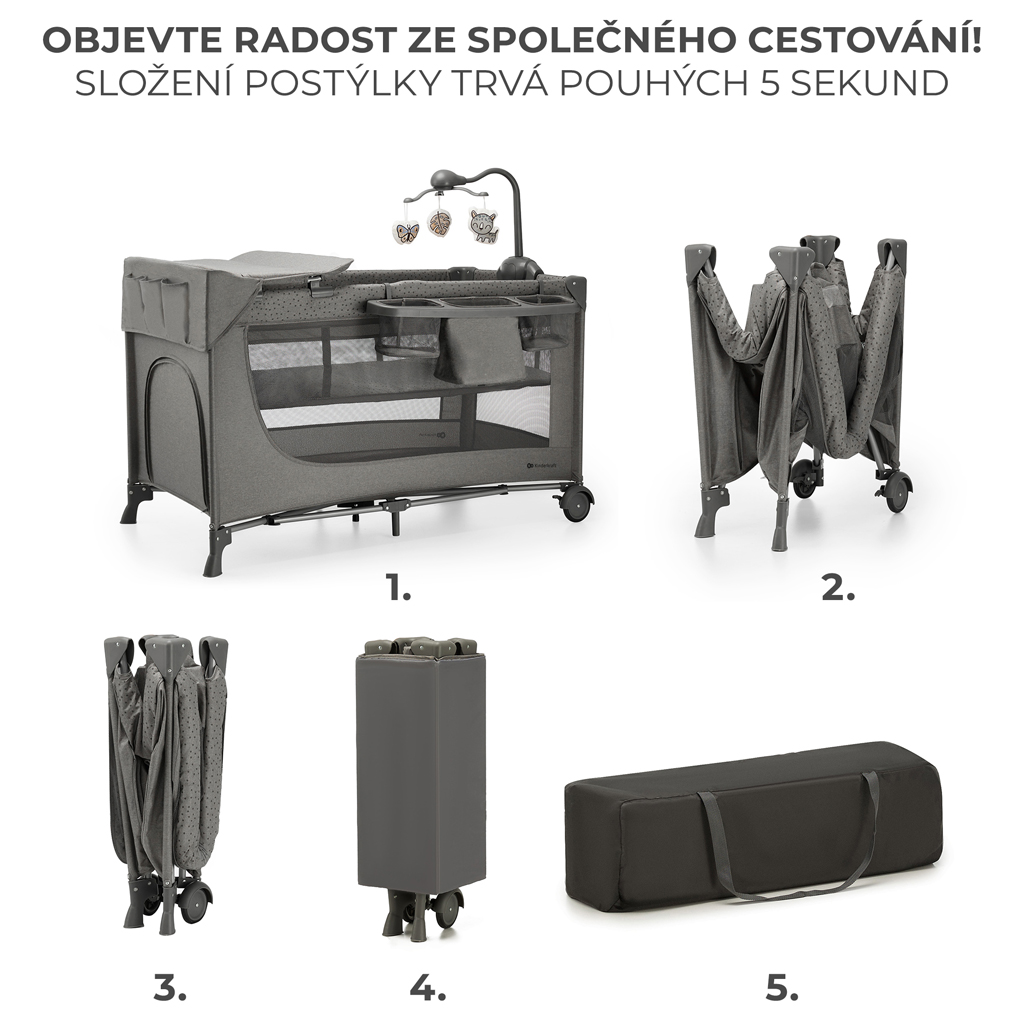 KINDERKRAFT Postýlka cestovní Joy 2 s doplňky Dark grey