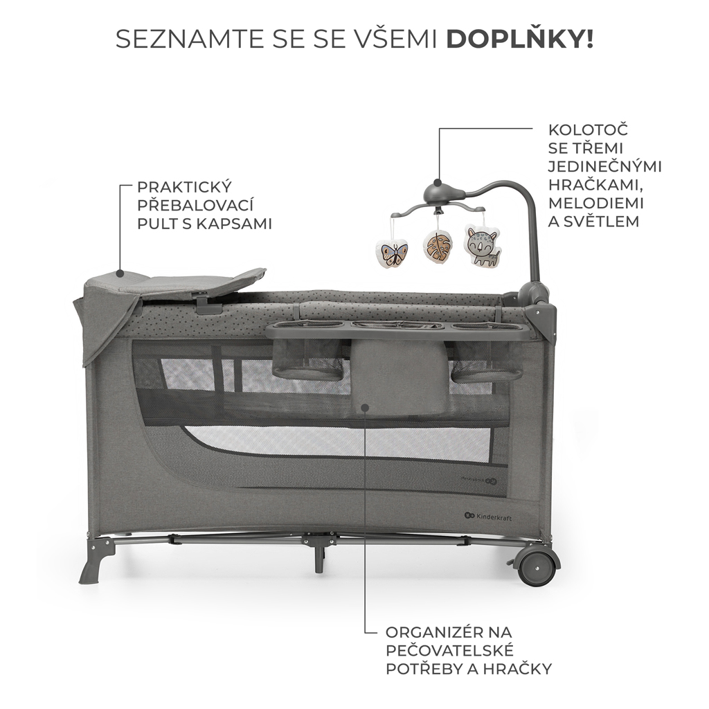 KINDERKRAFT Postýlka cestovní Joy 2 s doplňky Dark grey