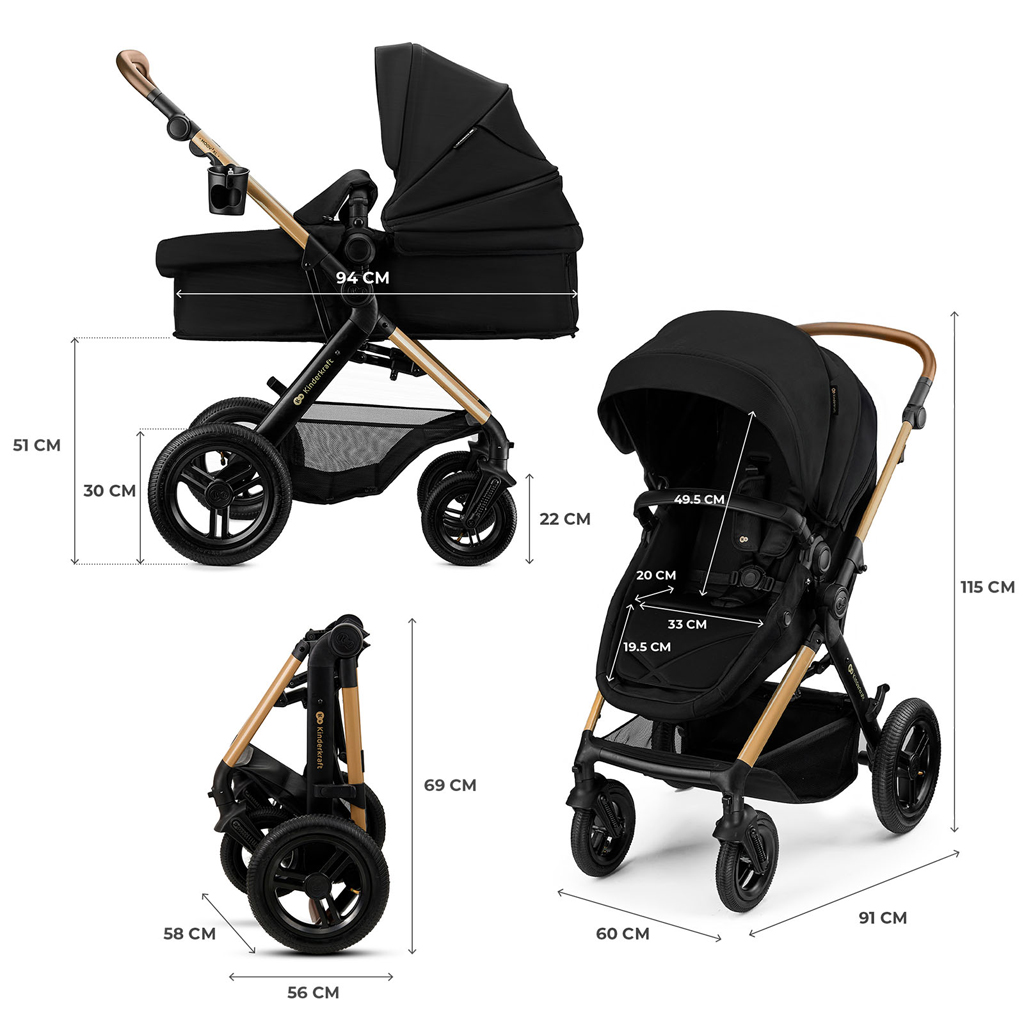KINDERKRAFT Kočárek kombinovaný 3v1 Moov 2 XL Air Black