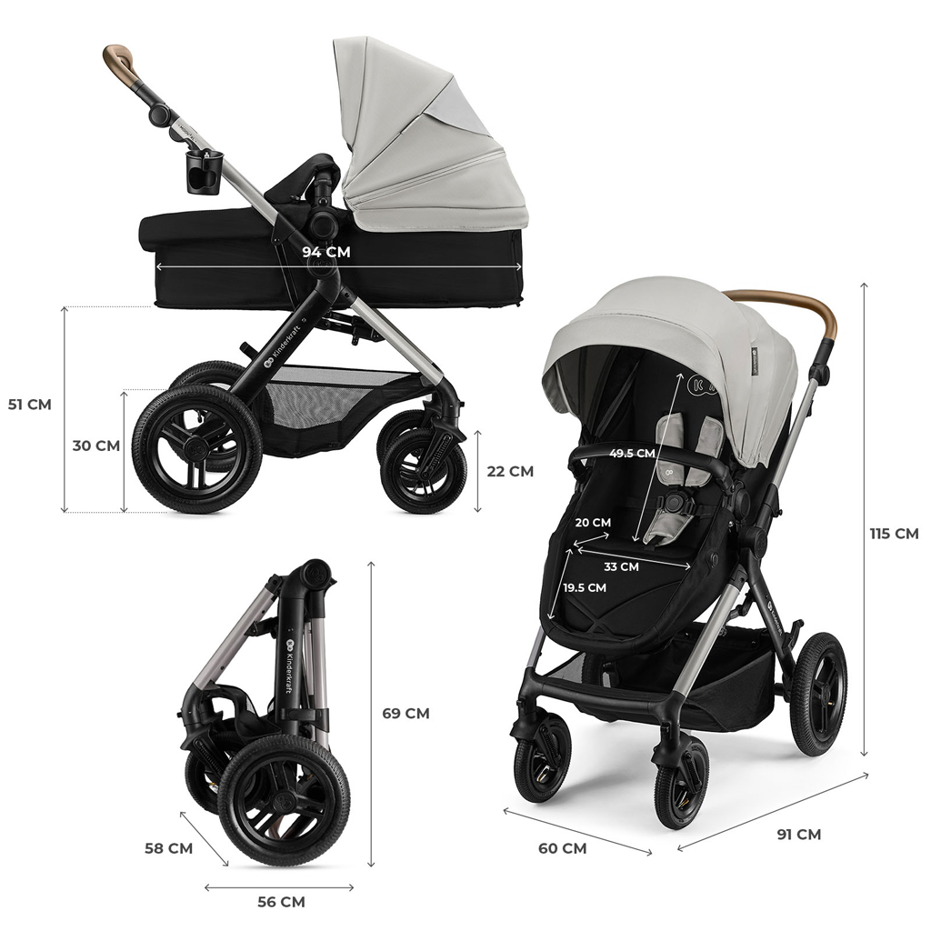 KINDERKRAFT Kočárek kombinovaný 3v1 Moov 2 XL Air Grey